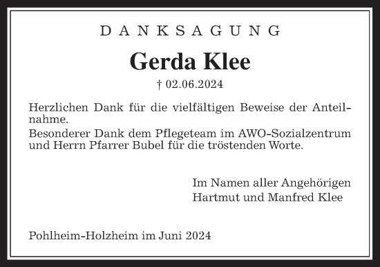 Traueranzeige von Gerda Klee von Giessener Allgemeine, Alsfelder Allgemeine, Giessener Anzeiger