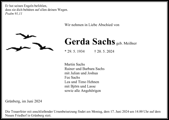 Traueranzeige von Gerda Sachs von Giessener Allgemeine, Alsfelder Allgemeine, Heimatzeitung Grünberg + Laubach