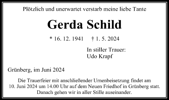 Traueranzeige von Gerda Schild von Giessener Allgemeine, Alsfelder Allgemeine