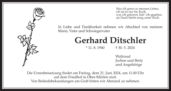 Traueranzeige von Gerhard Ditschler von Wetterauer Zeitung