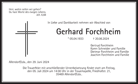 Traueranzeige von Gerhard Forchheim von Giessener Allgemeine, Alsfelder Allgemeine