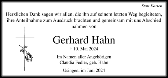 Traueranzeige von Gerhard Hahn von Usinger Anzeiger