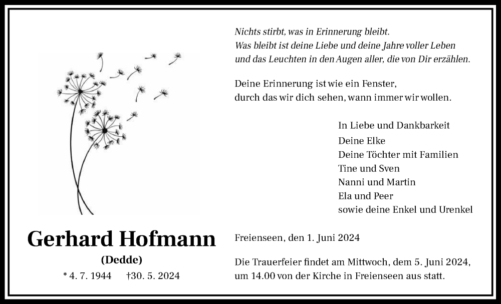  Traueranzeige für Gerhard Hofmann vom 01.06.2024 aus Giessener Allgemeine, Alsfelder Allgemeine