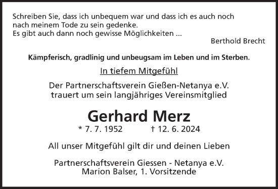 Traueranzeige von Gerhard Merz von Giessener Allgemeine, Alsfelder Allgemeine