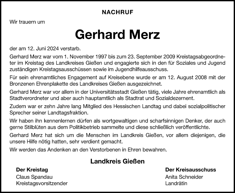  Traueranzeige für Gerhard Merz vom 22.06.2024 aus Giessener Anzeiger, Giessener Allgemeine, Alsfelder Allgemeine