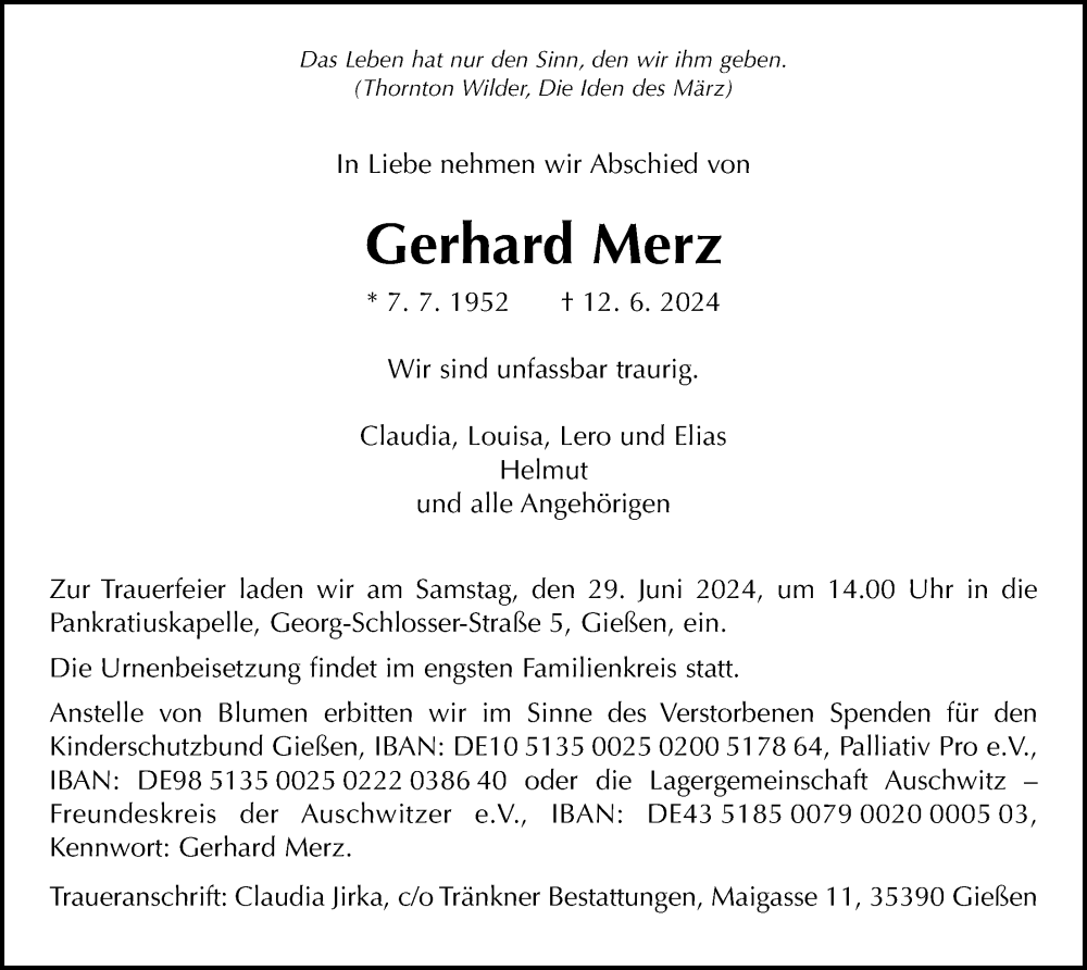  Traueranzeige für Gerhard Merz vom 22.06.2024 aus Giessener Anzeiger, Giessener Allgemeine, Alsfelder Allgemeine