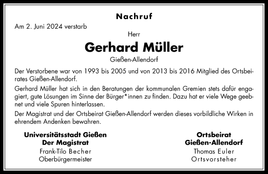 Traueranzeige von Gerhard Müller von Giessener Anzeiger, Giessener Allgemeine, Alsfelder Allgemeine
