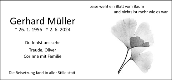 Traueranzeige von Gerhard Müller von Giessener Allgemeine, Alsfelder Allgemeine
