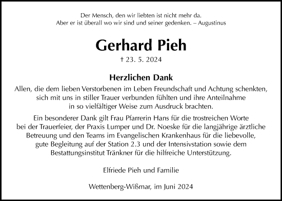 Traueranzeige von Gerhard Pieh von Giessener Allgemeine, Alsfelder Allgemeine, Giessener Anzeiger