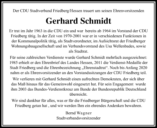 Traueranzeige von Gerhard Schmidt von Wetterauer Zeitung