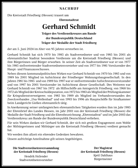 Traueranzeige von Gerhard Schmidt von Wetterauer Zeitung