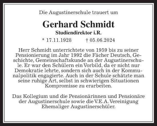 Traueranzeige von Gerhard Schmidt von Wetterauer Zeitung