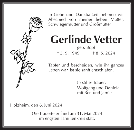 Traueranzeige von Gerlinde Vetter von Pohlheimer Nachrichten
