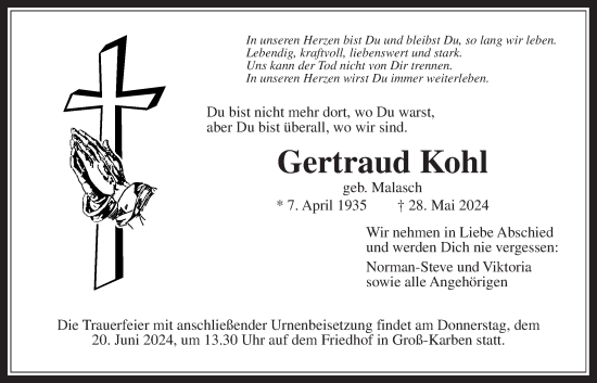 Traueranzeige von Gertraud Kohl von Bad Vilbel/Karben