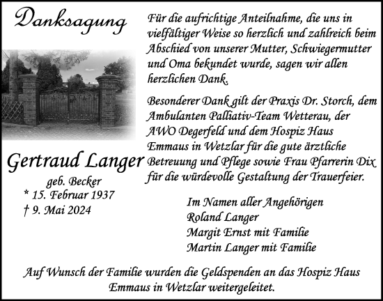 Traueranzeige von Gertraud Langer von Butzbacher Zeitung