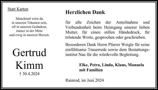 Traueranzeige von Gertrud Kimm von Oberhessische Zeitung