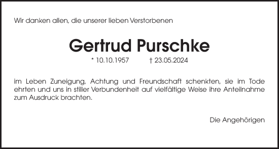 Traueranzeige von Gertrud Purschke von Wetterauer Zeitung, Butzbacher Zeitung