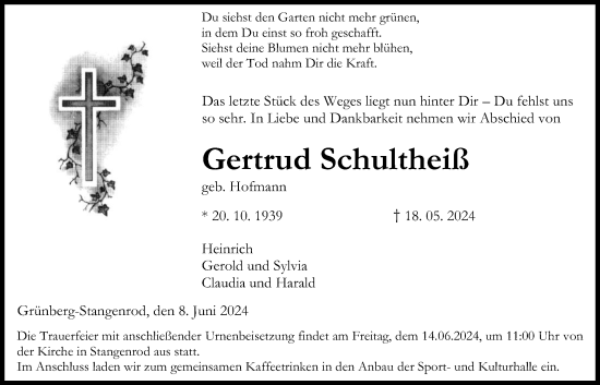 Traueranzeige von Gertrud Schultheiß von Giessener Allgemeine, Alsfelder Allgemeine
