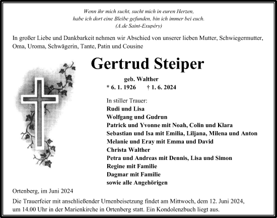 Traueranzeige von Gertrud Steiper von Kreis-Anzeiger