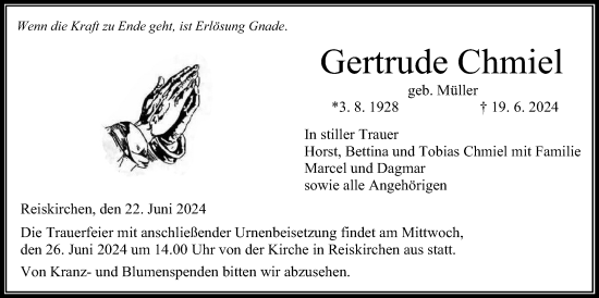 Traueranzeige von Gertrude Chmiel von Giessener Anzeiger, Giessener Allgemeine, Alsfelder Allgemeine
