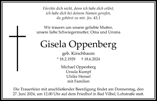 Traueranzeige von Gisela Oppenberg von Bad Vilbel/Karben