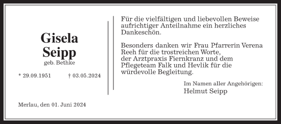 Traueranzeige von Gisela Seipp von Giessener Allgemeine, Alsfelder Allgemeine