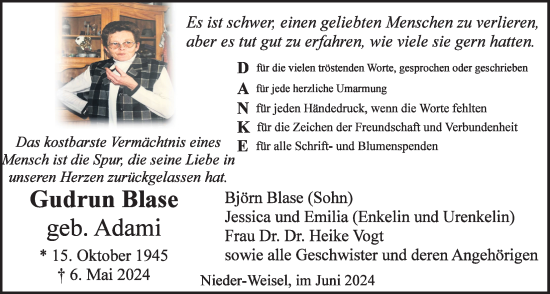 Traueranzeige von Gudrun Blase von Butzbacher Zeitung