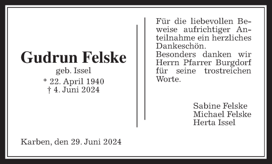 Traueranzeige von Gudrun Felske von Wetterauer Zeitung