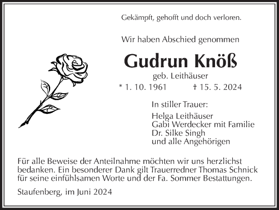 Traueranzeige von Gudrun Knöß von Giessener Anzeiger, Giessener Allgemeine, Alsfelder Allgemeine