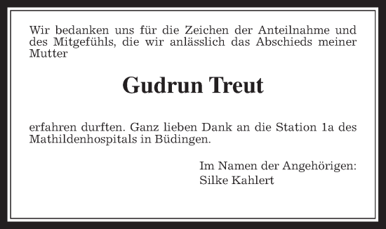 Traueranzeige von Gudrun Treut von Kreis-Anzeiger