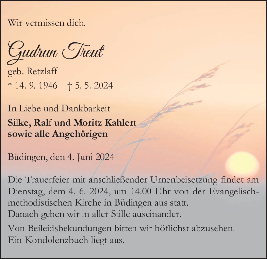 Traueranzeige von Gudrun Treut von Kreis-Anzeiger