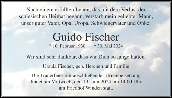 Traueranzeige von Guido Fischer von Usinger Anzeigenblatt