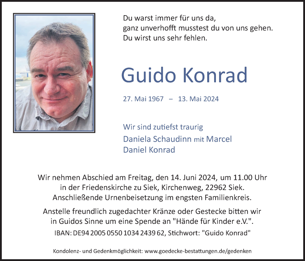  Traueranzeige für Guido Konrad vom 01.06.2024 aus Giessener Anzeiger, Giessener Allgemeine, Alsfelder Allgemeine