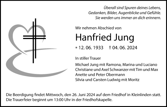 Traueranzeige von Hanfried Jung von Giessener Anzeiger