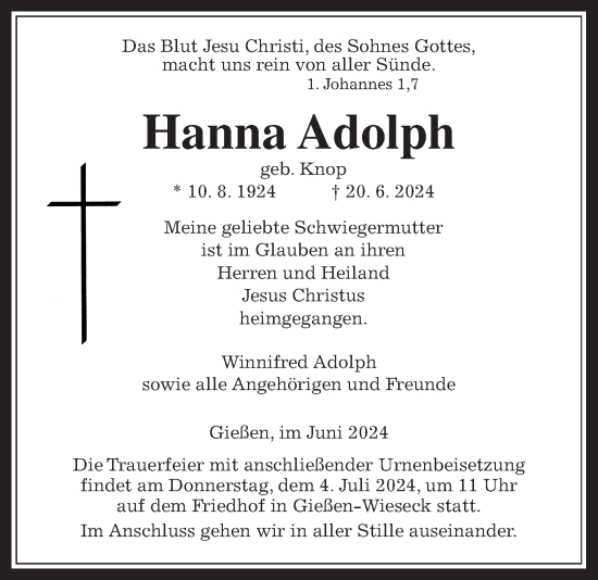 Traueranzeige von Hanna Adolph von Giessener Allgemeine, Alsfelder Allgemeine