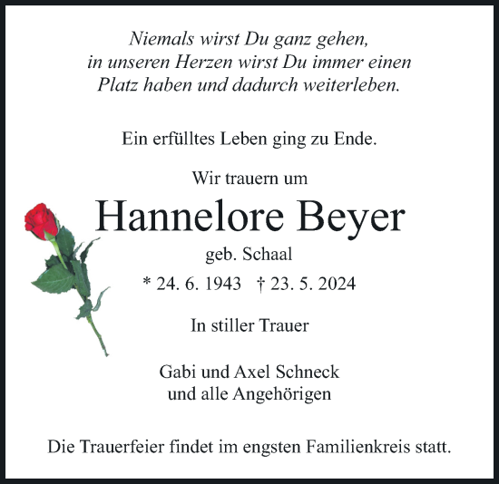 Traueranzeige von Hannelore Beyer von Wetterauer Zeitung