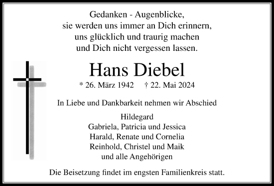 Traueranzeige von Hans Diebel von Usinger Anzeigenblatt