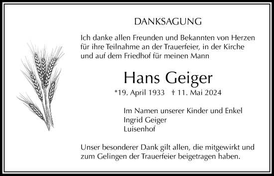 Traueranzeige von Hans Geiger von Bad Vilbel/Karben