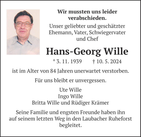 Traueranzeige von Hans-Georg Wille von Wetterauer Zeitung