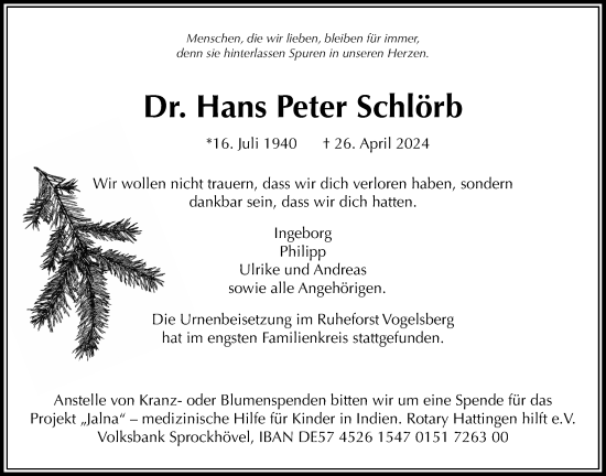 Traueranzeige von Hans-Peter Schlörb von Alsfelder Allgemeine, Oberhessische Zeitung