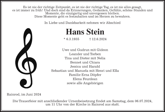 Traueranzeige von Hans Stein von Kreis-Anzeiger