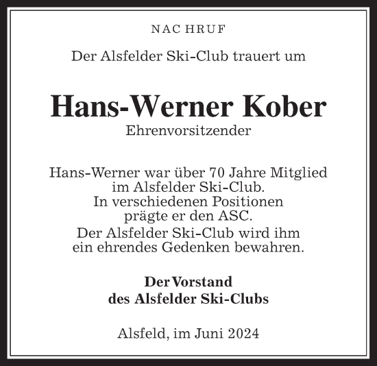 Traueranzeige von Hans-Werner Kober von Oberhessische Zeitung