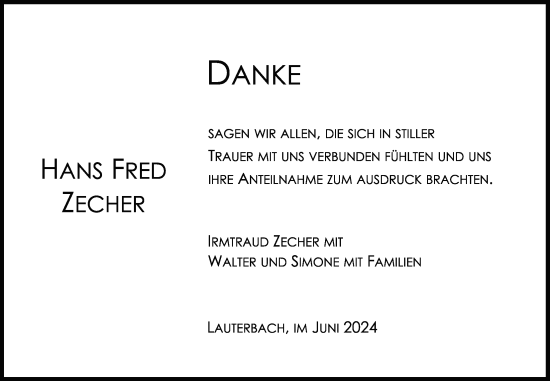 Traueranzeige von Hans Fred Zecher von Lauterbacher Anzeiger