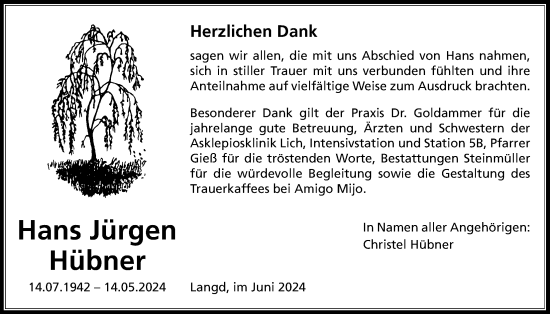 Traueranzeige von Hans Jürgen Hübner von Licher Wochenblatt