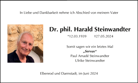 Traueranzeige von Harald Steinwandter von Oberhessische Zeitung