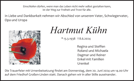 Traueranzeige von Hartmut Kühn von Giessener Allgemeine, Alsfelder Allgemeine