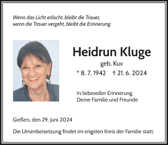Traueranzeige von Heidrun Kluge von Giessener Allgemeine, Alsfelder Allgemeine, Giessener Anzeiger