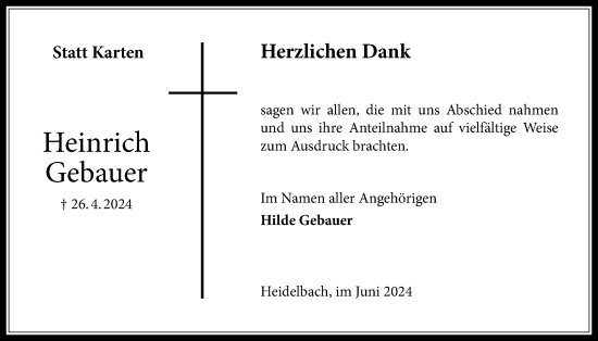 Traueranzeige von Heinrich Gebauer von Oberhessische Zeitung