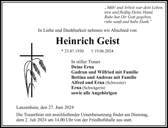Traueranzeige von Heinrich Geist von Lauterbacher Anzeiger