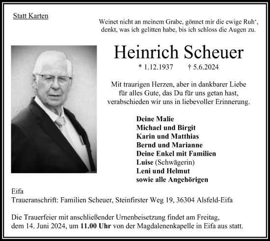 Traueranzeige von Heinrich Scheuer von Oberhessische Zeitung